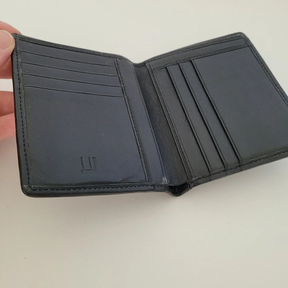 Dunhill Mens Black Canvas Leather Bifold Wallet Silver Logo Plaque